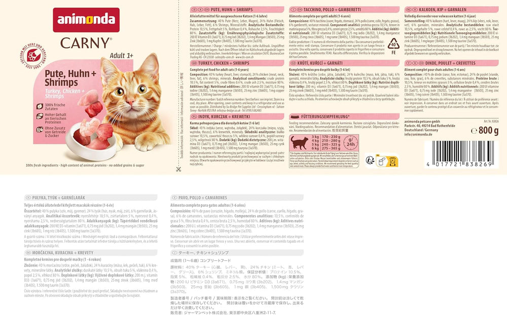 Animonda Carny hrană umedă pentru pisici curcan + pui + creveți (6 x 800g), hrană umedă fără cereale, fără zahăr, cu ingrediente proaspete din carne