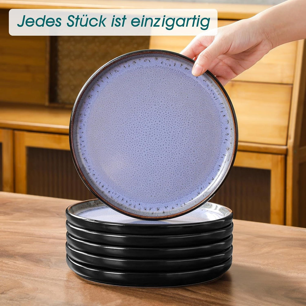 Steingut Geschirrset 6 Personen, vancasso AMBER Teller Set 6 Personen, Tafelservice 24tlg mit Speiseteller, Dessertteller, Suppenteller, Schüssel, Reaktive Glasur, Abendviolett, Spülmaschinenfest