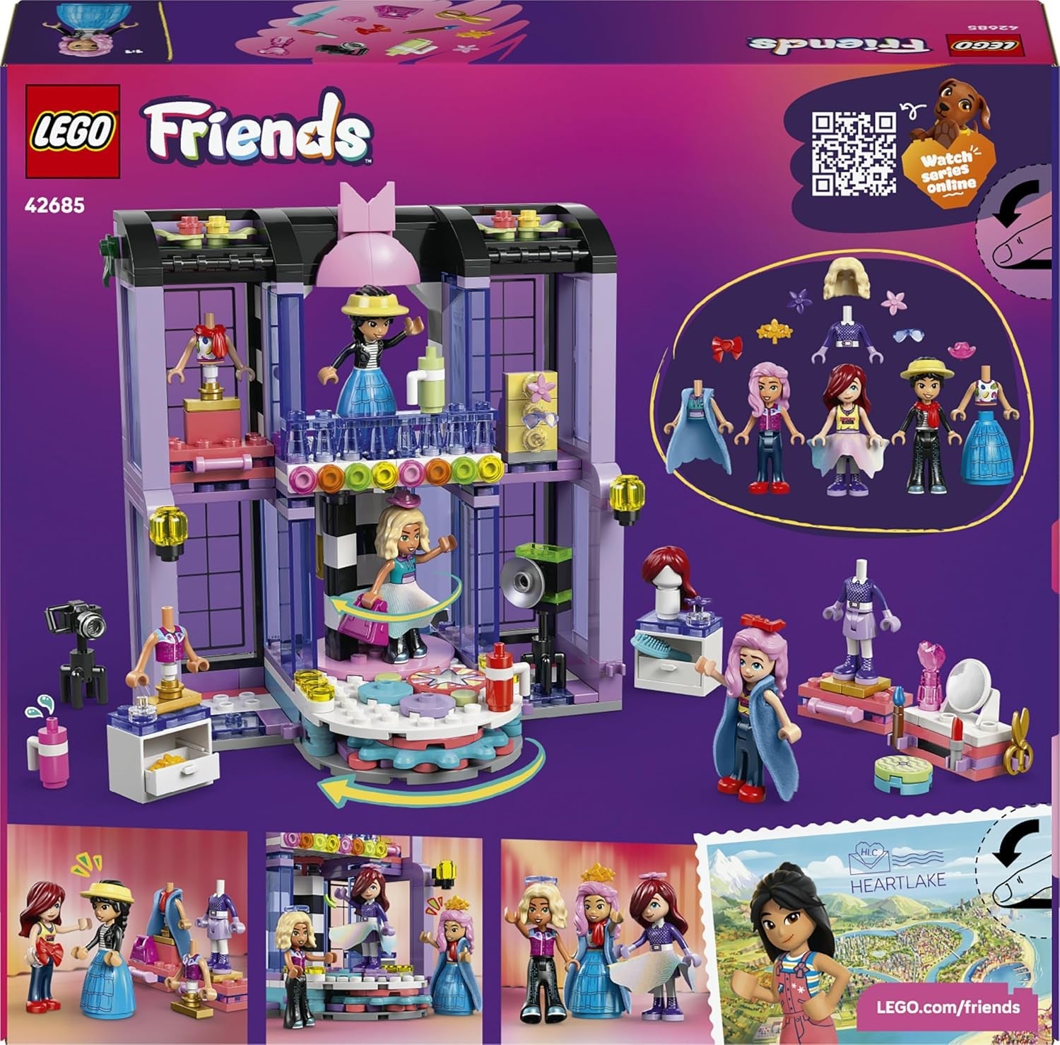 LEGO Friends Modeschau in Heartlake City - Verkleidungsspiel mit 3 Mini Puppen, Laufsteg, anpassbaren Outfits inkl. Rock, Mantel, Hüten & Zubehör - Kreatives Geschenk für Mädchen ab 7 Jahren - 42685