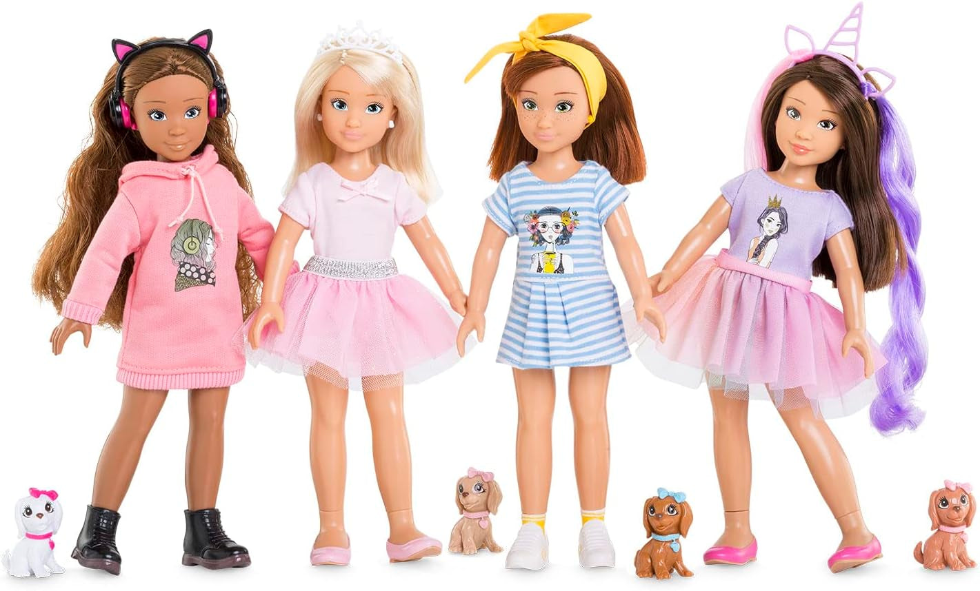 Corolle 9000600030 - Girls Luna Einhorn Set, Ankleidepuppe im Sommeroutfit mit Hund, mit Haarband, Ohrringe und extra Gummistiefel, 28cm Spielpuppe mit Vanilleduft, ab 4 Jahren