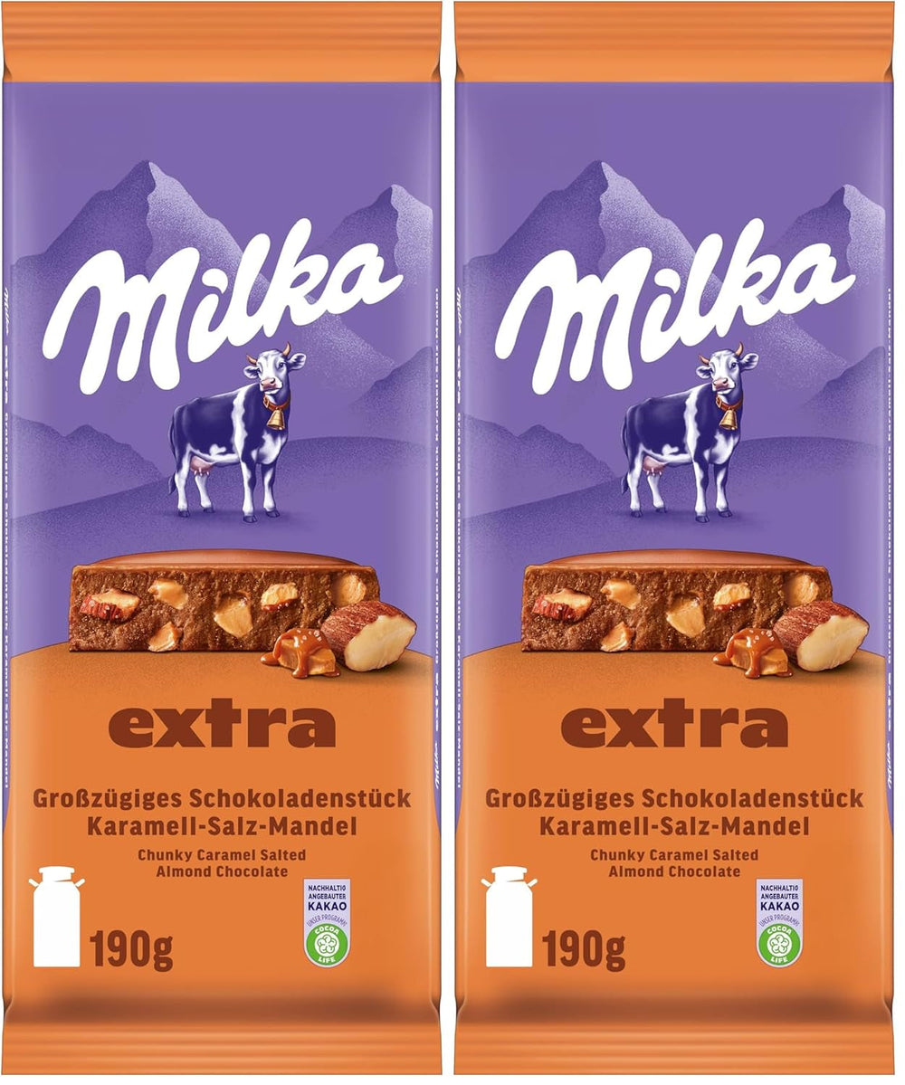 Milka Extra Caramel Sare Migdale – Ciocolată cu lapte alpină cu bucăți de caramel, migdale și un praf de sare – 190g