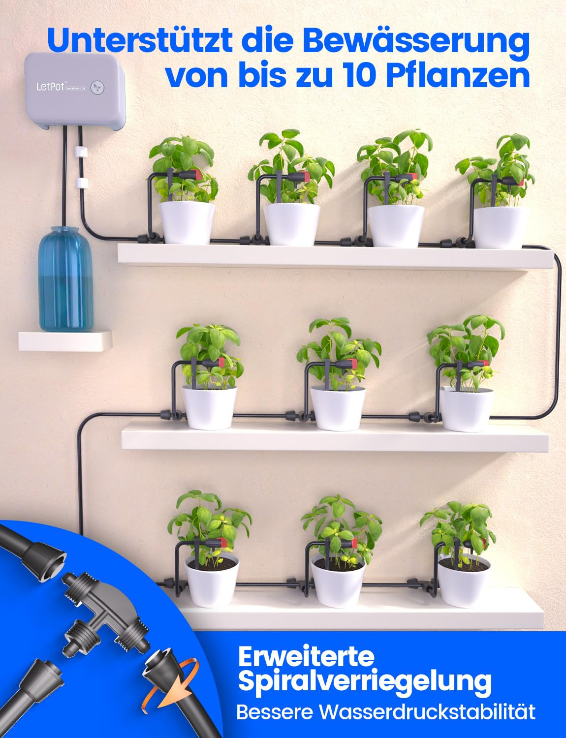 Sistem automat de udare WiFi pentru interior – Sistem inteligent de irigare prin picurare cu control prin aplicație, computer de udare pentru 10 plante de apartament, udare de sărbători și udare a plantelor (Gri)