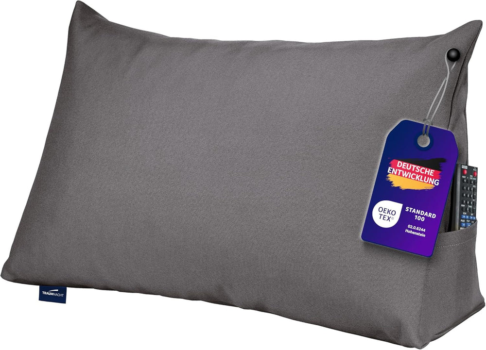 Pernă de citit Traumnacht Cozy Back Cushion, 70 x 40 cm gri închis, husă detașabilă și lavabilă din 100% poliester, buzunar lateral practic, certificată Oeko-Tex, produsă conform standardelor germane de calitate
