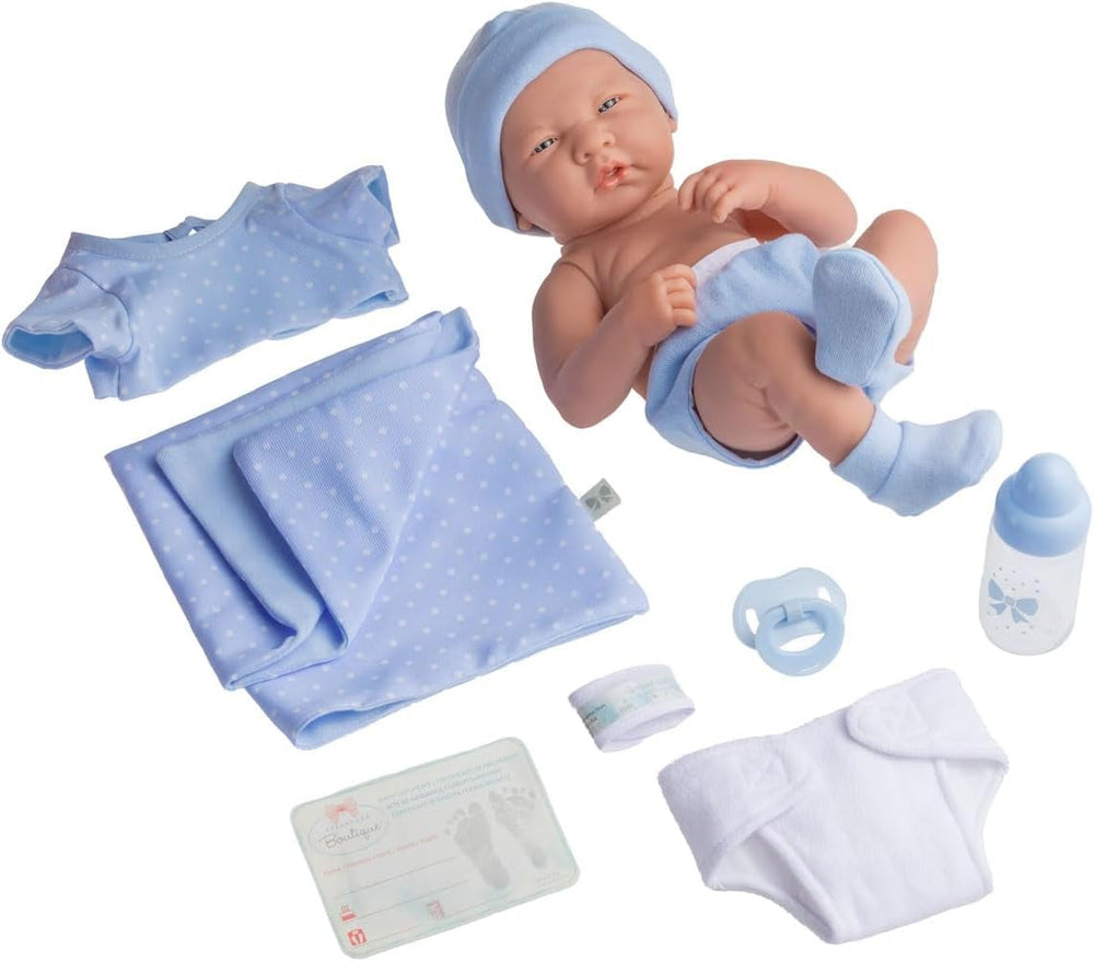 jc toys 102-18540 – Kinderpuppe, Körper aus Gummi, Blaue Kleidung mit Punkten, 36 cm