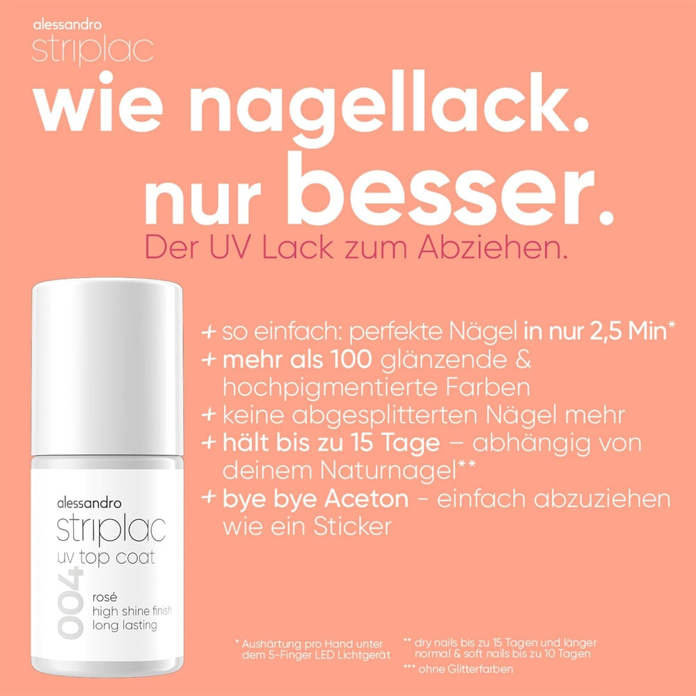 alessandro Striplac UV Top Coat Rosé - Unghii strălucitoare, rezistente la zgârieturi, până la 15 zile - Poate fi folosit cu sau fără culoare - Tehnologie delicată de îndepărtare - Vegan - Roz, Transparent, 6,5 ml