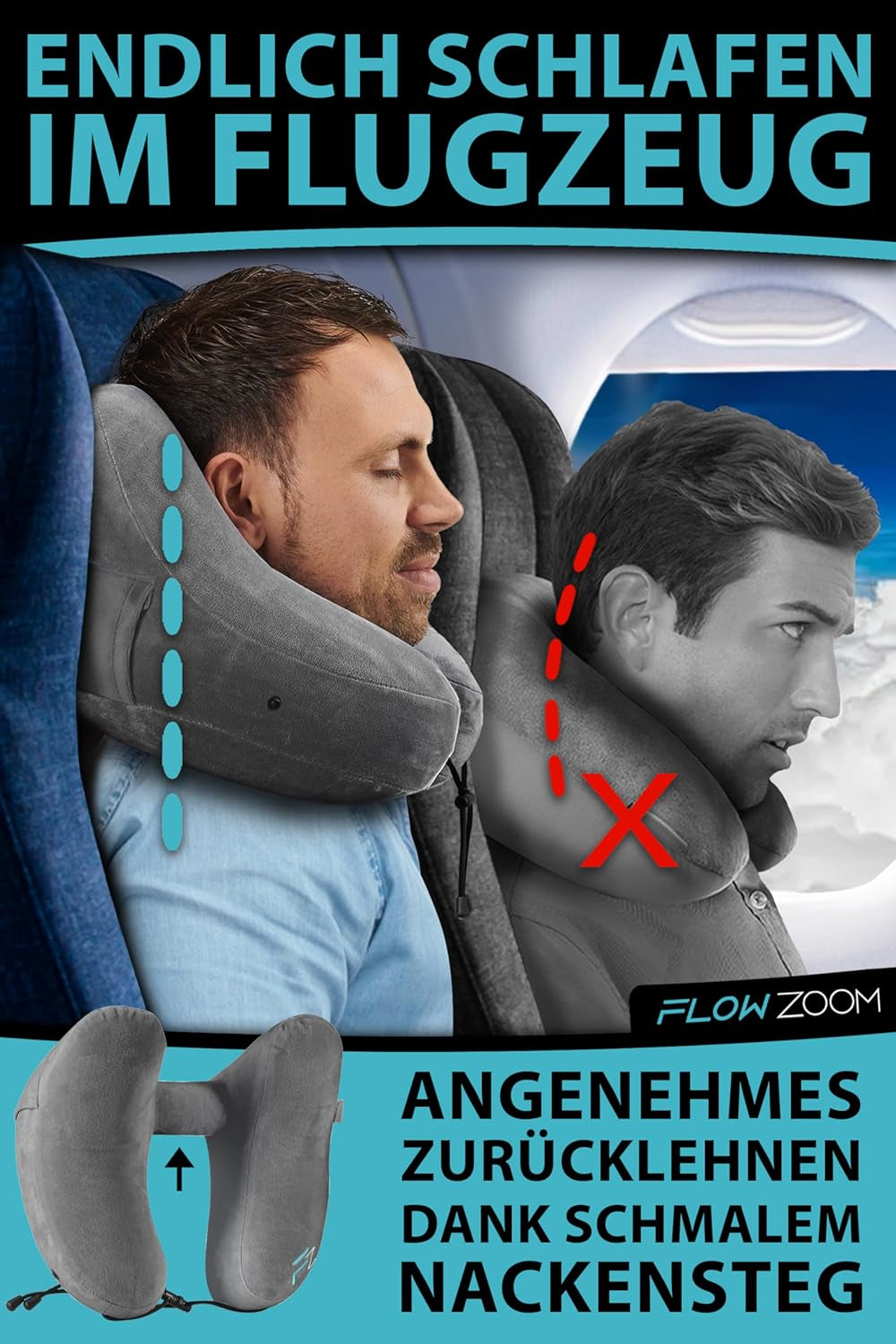 Perna de gât FLOWZOOM AIR gonflabilă cu glugă - pernă de gât pentru avion - pernă de călătorie - pernă de gât gonflabilă rapid pentru călătorie - pernă de avion - pernă de călătorie - pernă de gât pentru adulți (gri) Perne ortopedice cervicale Naty Shop