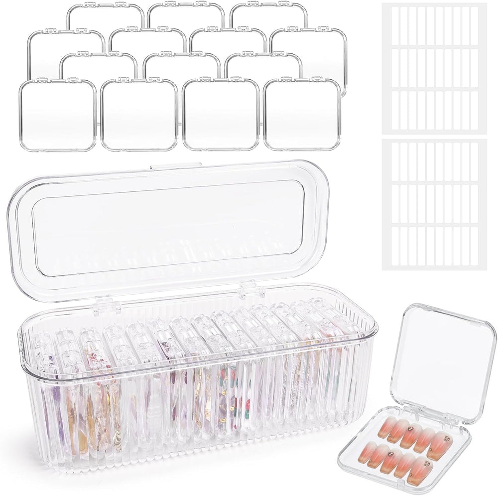 Set de cutii pentru depozitarea unghiilor INMORVEN – 14 cutii transparente pentru unghii + 1 cutie mare și 60 de discuri adezive – Ideal pentru depozitarea unghiilor false, accesoriilor pentru unghii cu gel și ojei (14 bucăți într-un singur strat)
