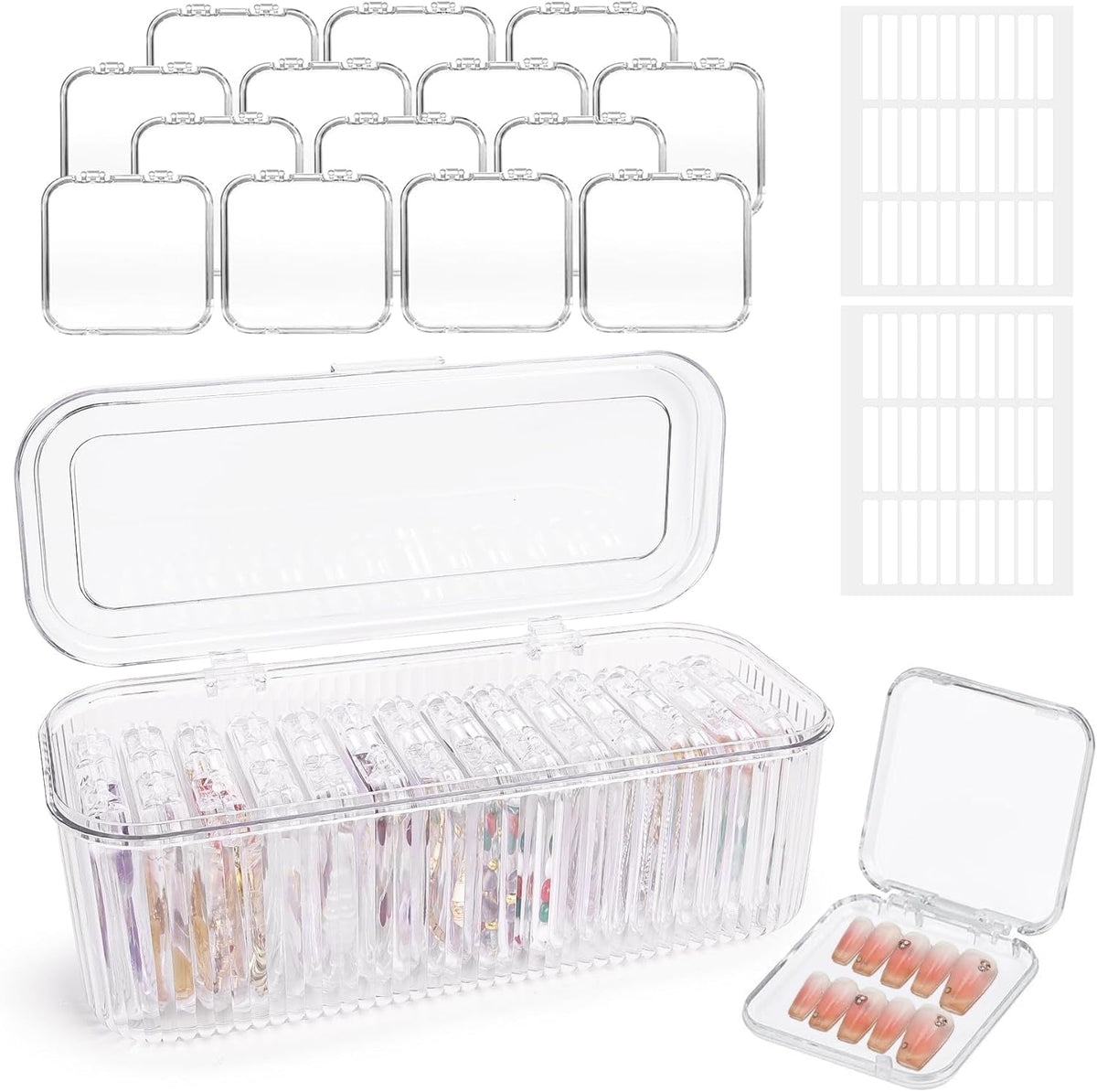Set de cutii pentru depozitarea unghiilor INMORVEN – 14 cutii transparente pentru unghii + 1 cutie mare și 60 de discuri adezive – Ideal pentru depozitarea unghiilor false, accesoriilor pentru unghii cu gel și ojei (14 bucăți într-un singur strat)