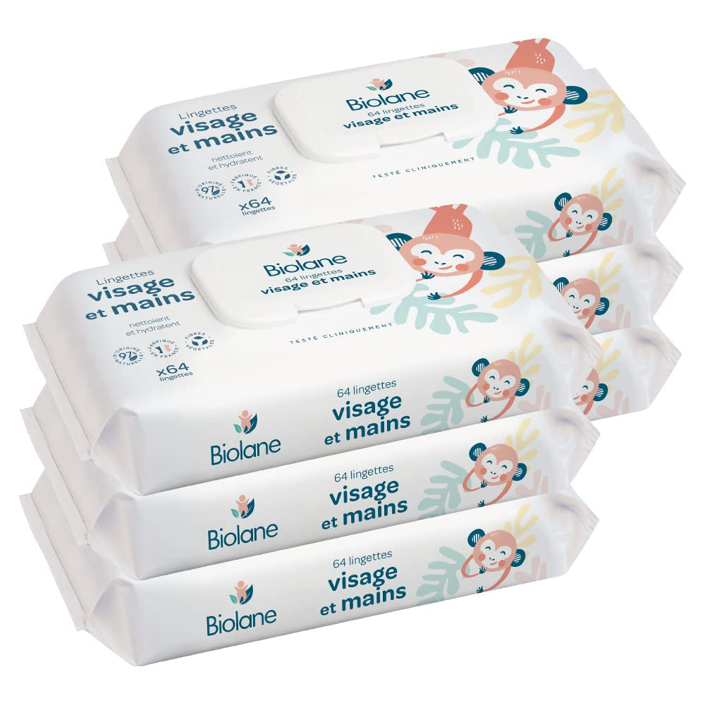 BIOLANE - Șervețele umede pentru bebeluși pentru față și mâini – Pachete de 6 – 384 șervețele (6 x 64 cm) – Curăță și protejează – Toaletă – Hipoalergenice – Pentru piele sensibilă – Ingrediente 97% naturale – Fabricate