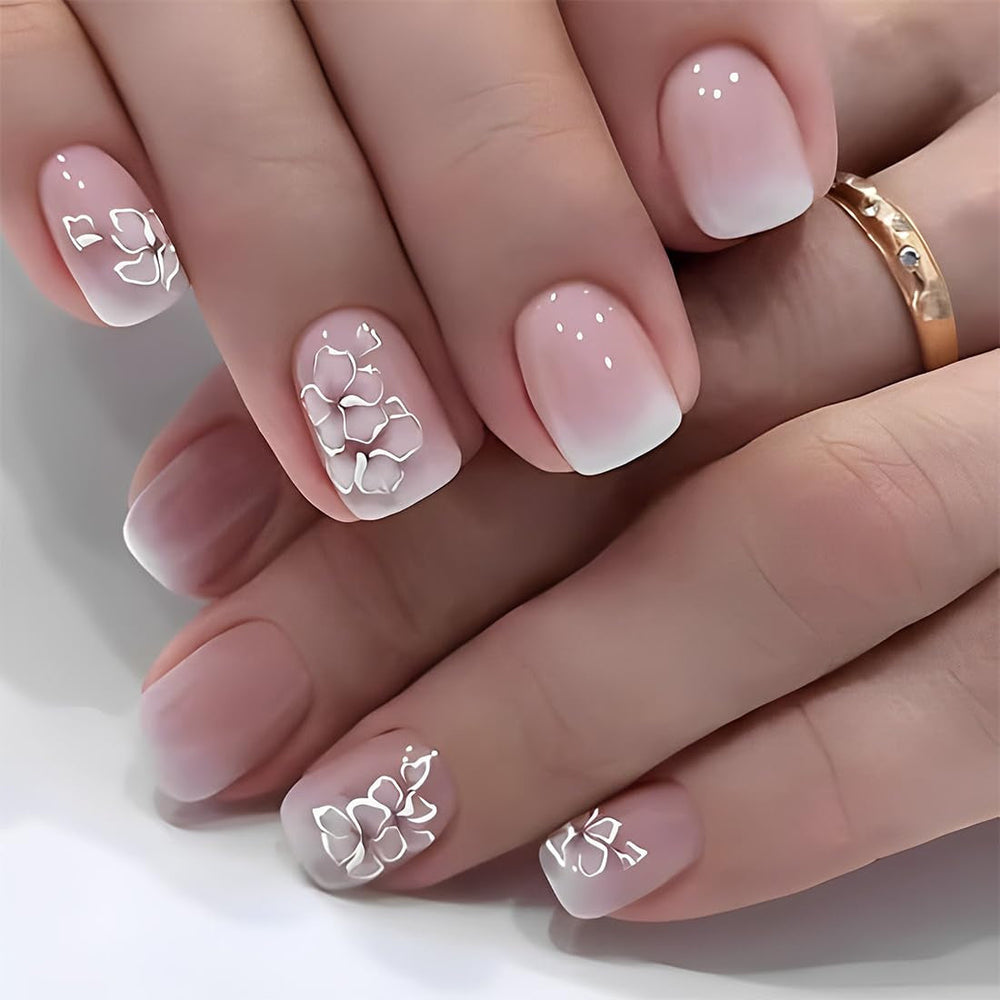 24 bucăți unghii pătrate albe pentru lipit pe unghii scurte cu model floral gradient roz presă pe unghii unghii artificiale unghii false pentru artă unghii pătrate franceze unghii artificiale pentru femei