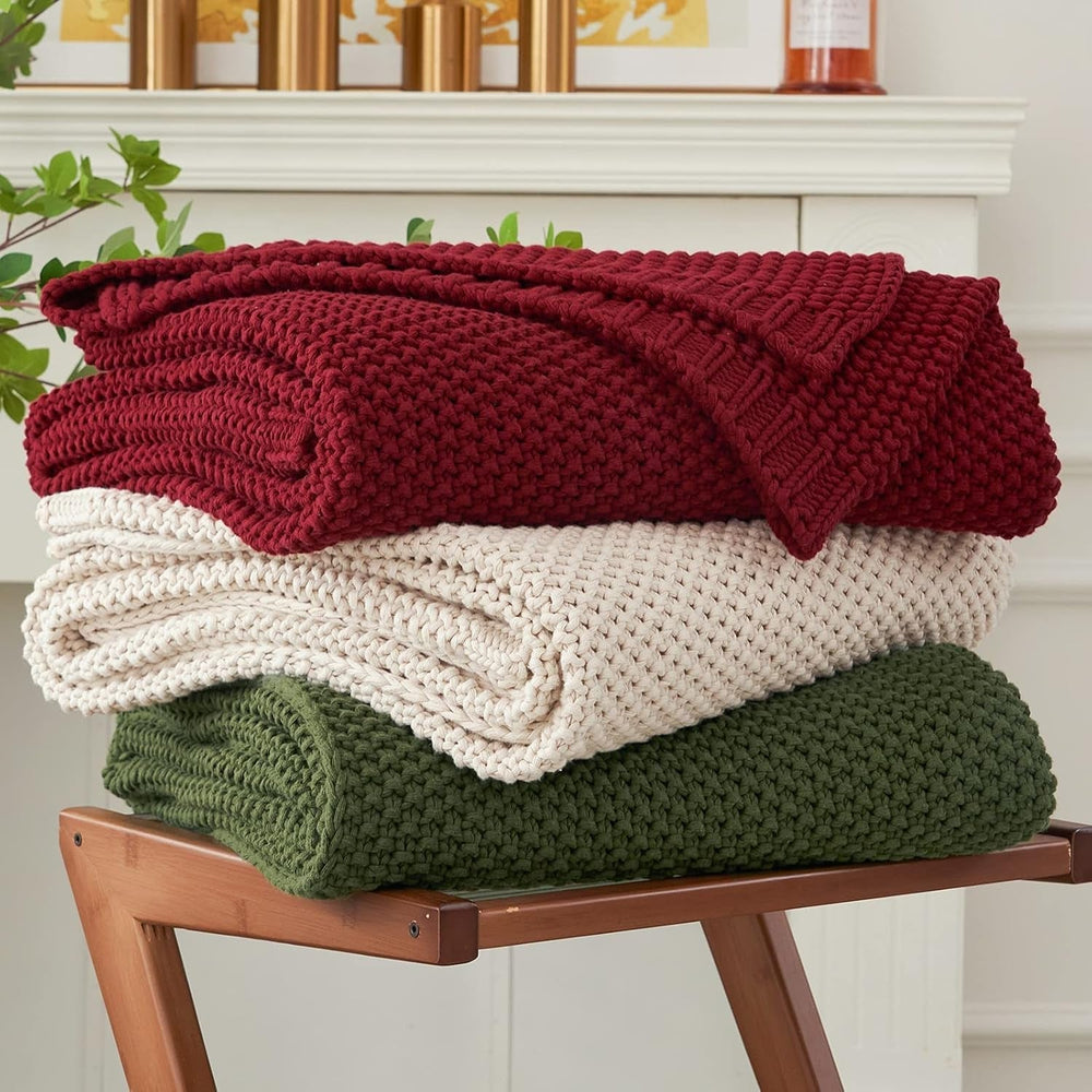 Chunky tricot arunca pătură, Lightweight, Bej, 100% bumbac organic, Pătură pentru canapea, canapea, pat, copil, camera copiilor, Rustic, Shabby chic, Modern farmhouse, 152.4 X 203.2 cm, Inclusiv sac de rufe Paturi si Cuverturi Longhui bedding Roșu 51 "X63"