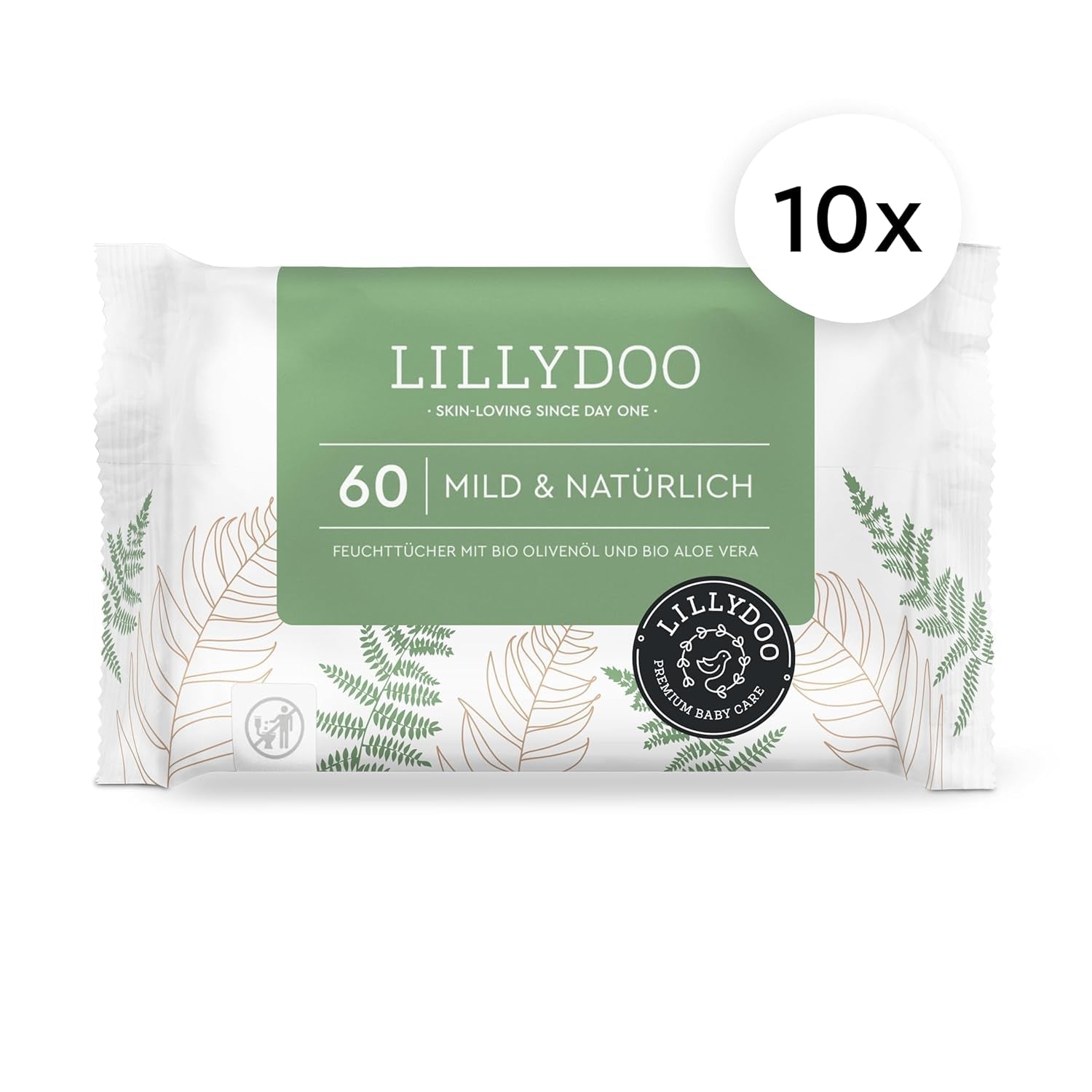 Șervețele umede LILLYDOO verzi, 600 bucăți (10 x 60), șervețel 100% fără plastic, rezistent la rupere - fără parfum, delicate și naturale, curățare delicată pentru pielea sensibilă, testate dermatologic