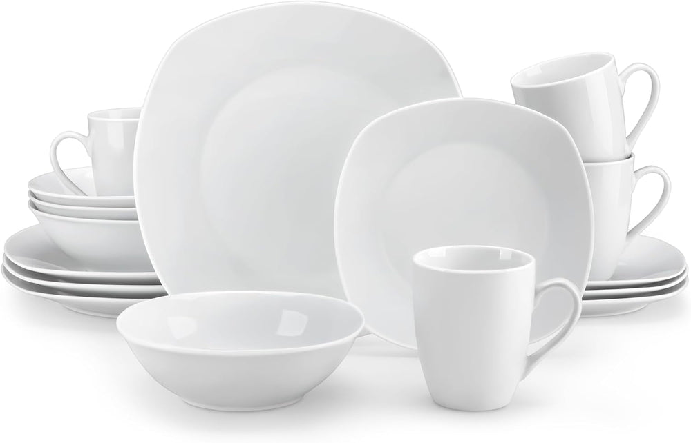 Set de veselă MALACASA pentru 4 persoane, serviciu de masă cu 16 piese din porțelan alb, set de veselă modern cu 4 farfurii de cină, farfurii de desert, farfurii de sumă și cești, seria ELISA