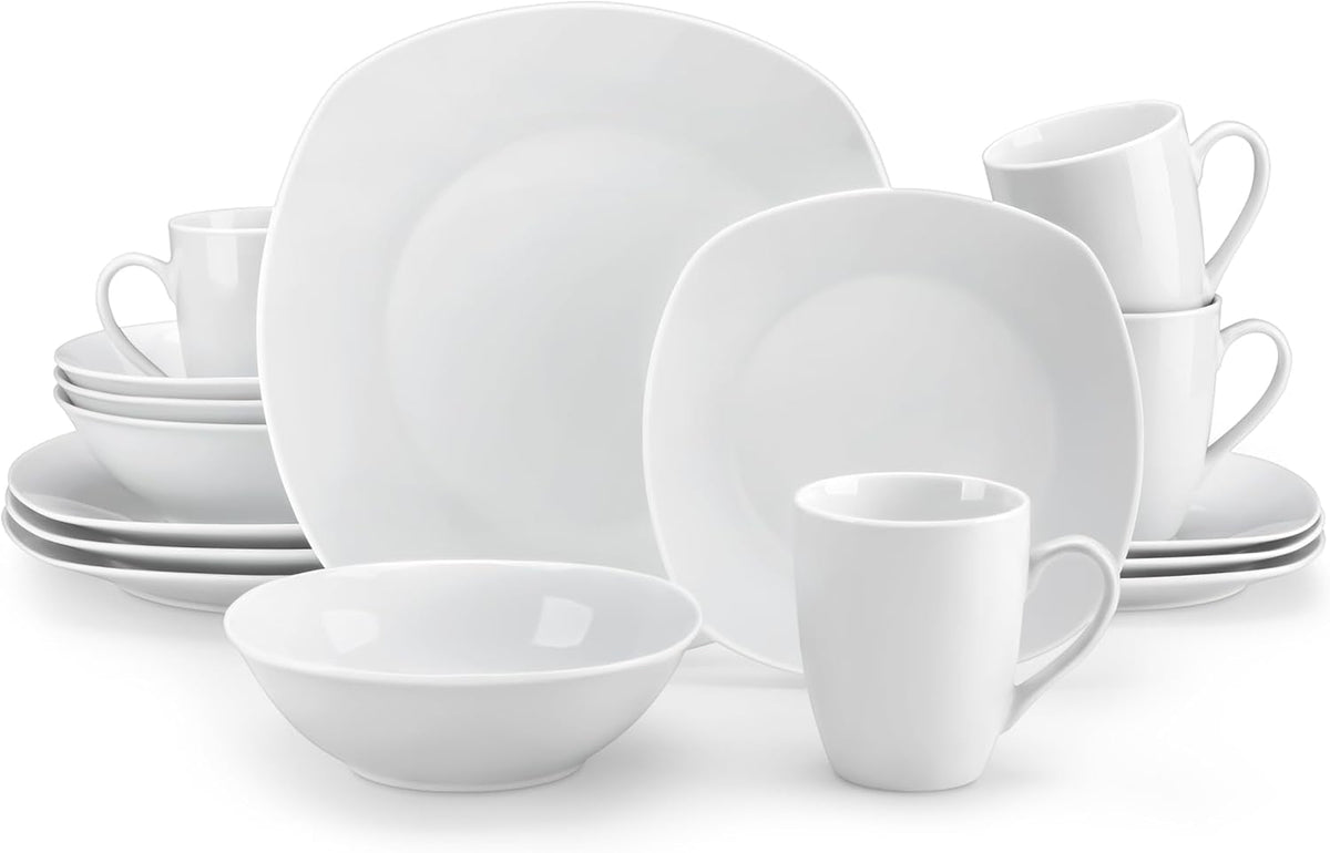 Set de veselă MALACASA pentru 4 persoane, serviciu de masă cu 16 piese din porțelan alb, set de veselă modern cu 4 farfurii de cină, farfurii de desert, farfurii de sumă și cești, seria ELISA