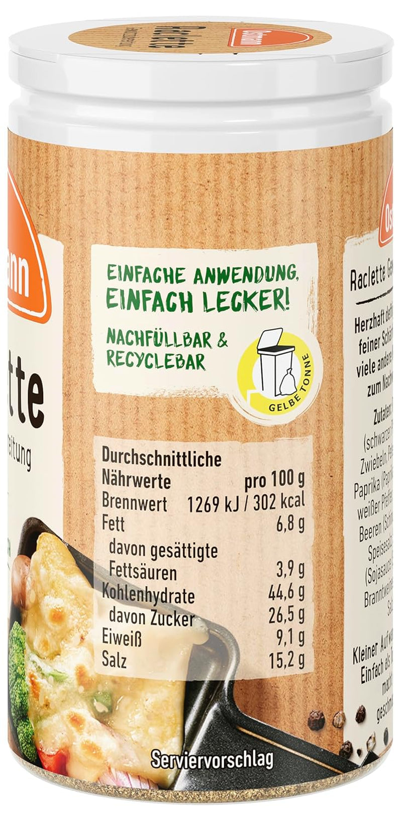 Ostmann Gewürze - Raclette Gewürzzubereitung | Zum Würzen von Käsegerichten | Recyclebare, nachfüllbare Streudose | 45 g im Streuer