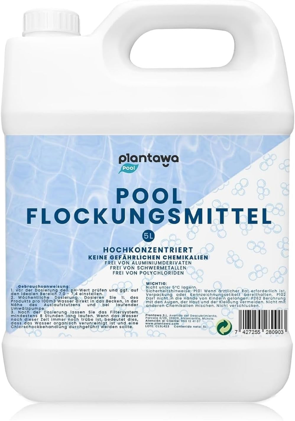 Floculant pentru piscină 5L | Floculant pentru piscină pentru apă cristalină | Foarte concentrat și economic | Potrivit pentru toate sistemele de filtrare | Fără aditivi nocivi