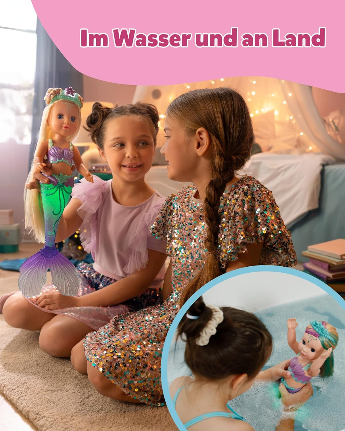 Păpușă BABY Born Mermaid - 43 cm - Păr de înaltă calitate cu șuvițe colorate - Aripioară coadă luminoasă - Funcționează cu baterii - Potrivită pentru copii cu vârsta de 3 ani și peste