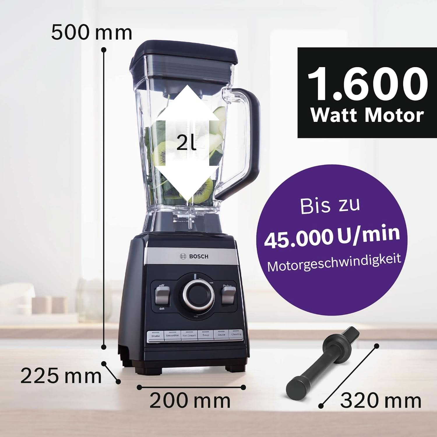 Bosch Standmixer Vitaboost MMBH6P6BDE, 6-Klingen-Edelstahlmesser, 2,5L Tritan-Mixbehälter, Stopfer, 6 Automatikprogramme, Rezeptbuch, Bpa-Frei, Einfache Reinigung, 45,000 U/Min, 1600 W, Schwarz Bucatarie Naty Shop
