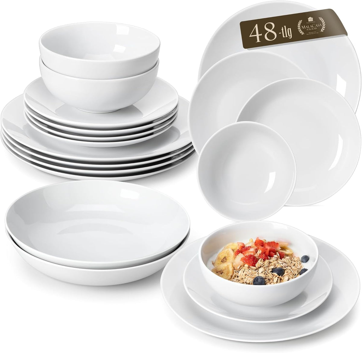 Set de veselă MALACASA pentru 12 persoane, Set de veselă modern din porțelan Amelia, 48 de piese, Serviciu de masă cu 12 farfurii de cină, farfurii de desert, farfurii de sumă și boluri pentru cereale, Set de farfurii modern pentru 12 persoane - Alb