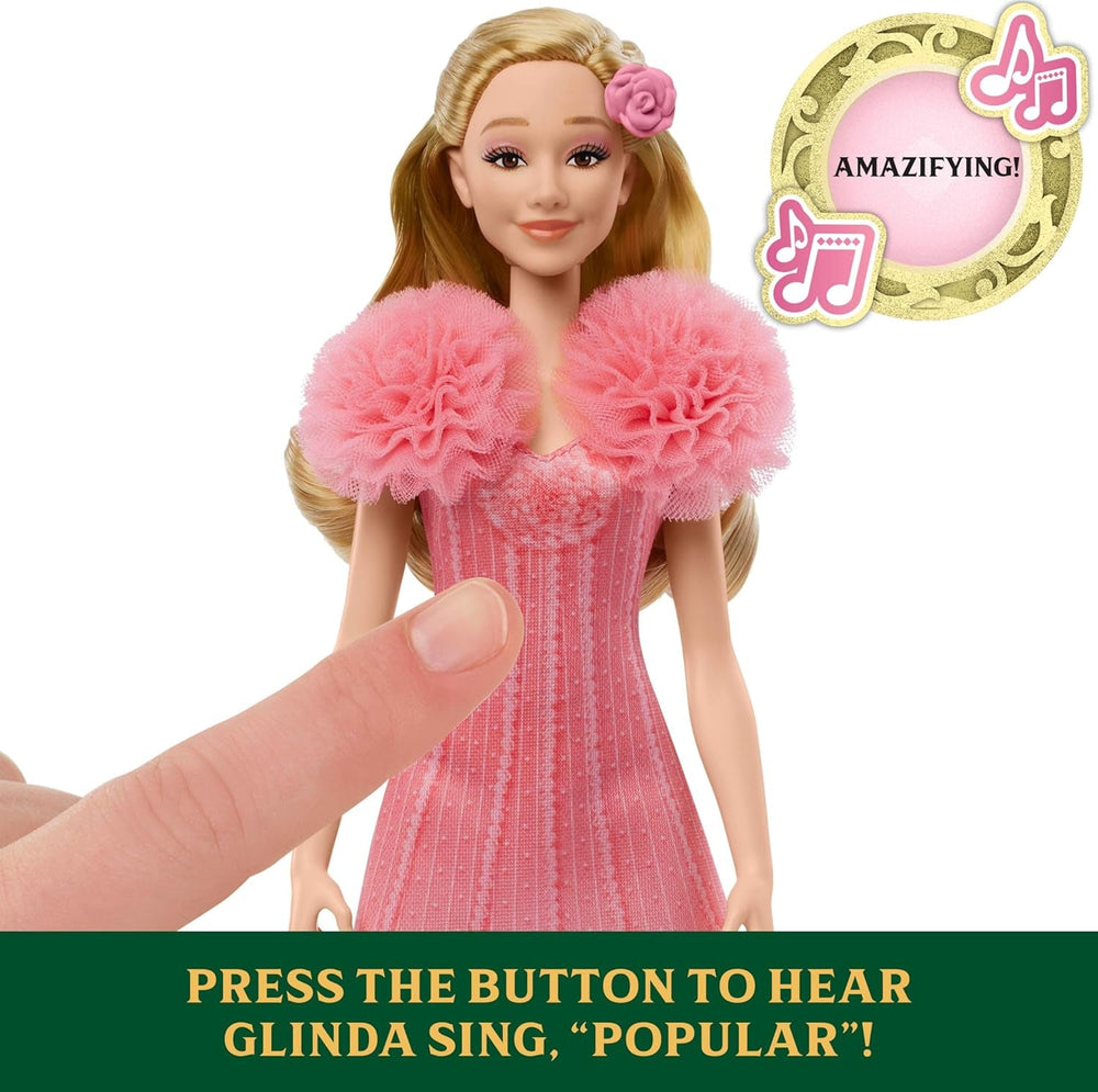Mattel Singende Glinda-Modepuppe aus Wicked und Accessoires, beweglich und mit vom Film inspiriertem Look sowie abnehmbarem Outfit, singt Heißgeliebt, JLG49, Pink