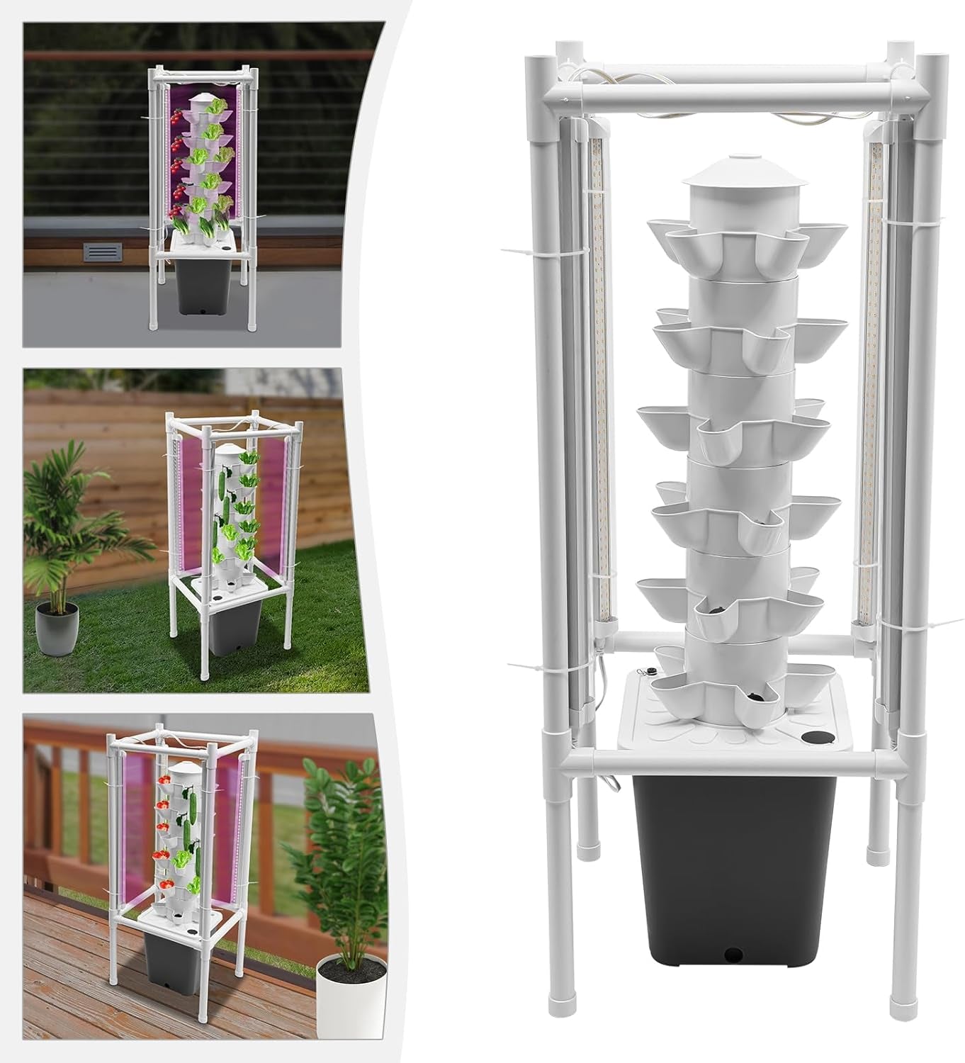 Kit de creștere turn hidroponic, 30 de găuri, 6 niveluri, turn de plantare fără sol, sistem hidroponic, turn aeroponic, grădină verticală, turn de căpșuni, sistem de creștere hidroponic pentru ierburi, fructe și legume (gri)