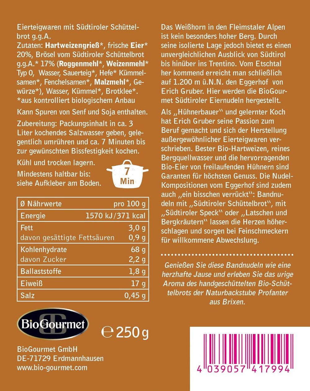 Tăiței panglică BioGourmet cu Schüttelbrot din Tirolul de Sud (IGP) | Tăiței de ou sărați și aromati cu speck autentic din Tirolul de Sud | 1 x 250g Bio