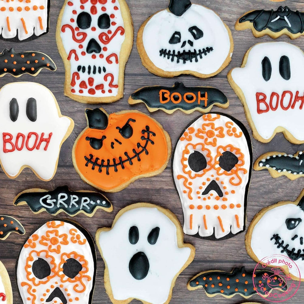 Scrapcooking - Set de 4 stilouri de ciocolată de Halloween - negru, portocaliu, violet și alb, scrieți și desenați pe deserturi, prăjituri și biscuiți Naty Shop
