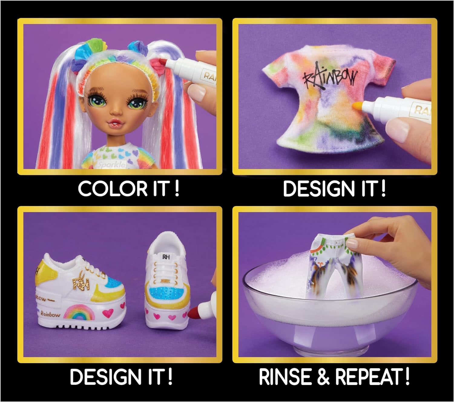 Rainbow High Color & Create DIY Modepuppe - Grüne Augen, Zöpfe, extra Top & Schuhe, abwaschbare Regenbogenstifte - Ausmalen, Gestalten, Spielen, Auswaschen - für Kinder von 4-12 Jahren und Sammler