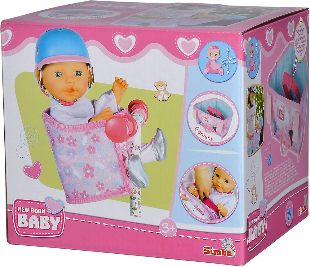 Simba 105560018 - Scaun de bicicletă pentru nou-născuți cu centură, accesoriu pentru păpușă, scaun din material textil, centură de siguranță, ghidon cu velcro, pentru păpuși de 30-43 cm, vârste 3+