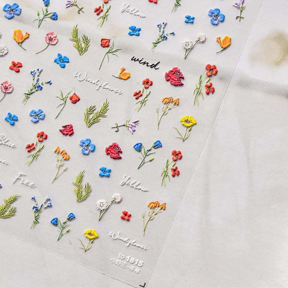 JMEOWIO 3D Nagelsticker Bunte Blumen Nail Art Sticker Selbstklebend Nagelaufkleber 5D Stereoskopisch Frühlings Sommer Blumen Dekoration Nageldesign Zubehör 2 Blatt