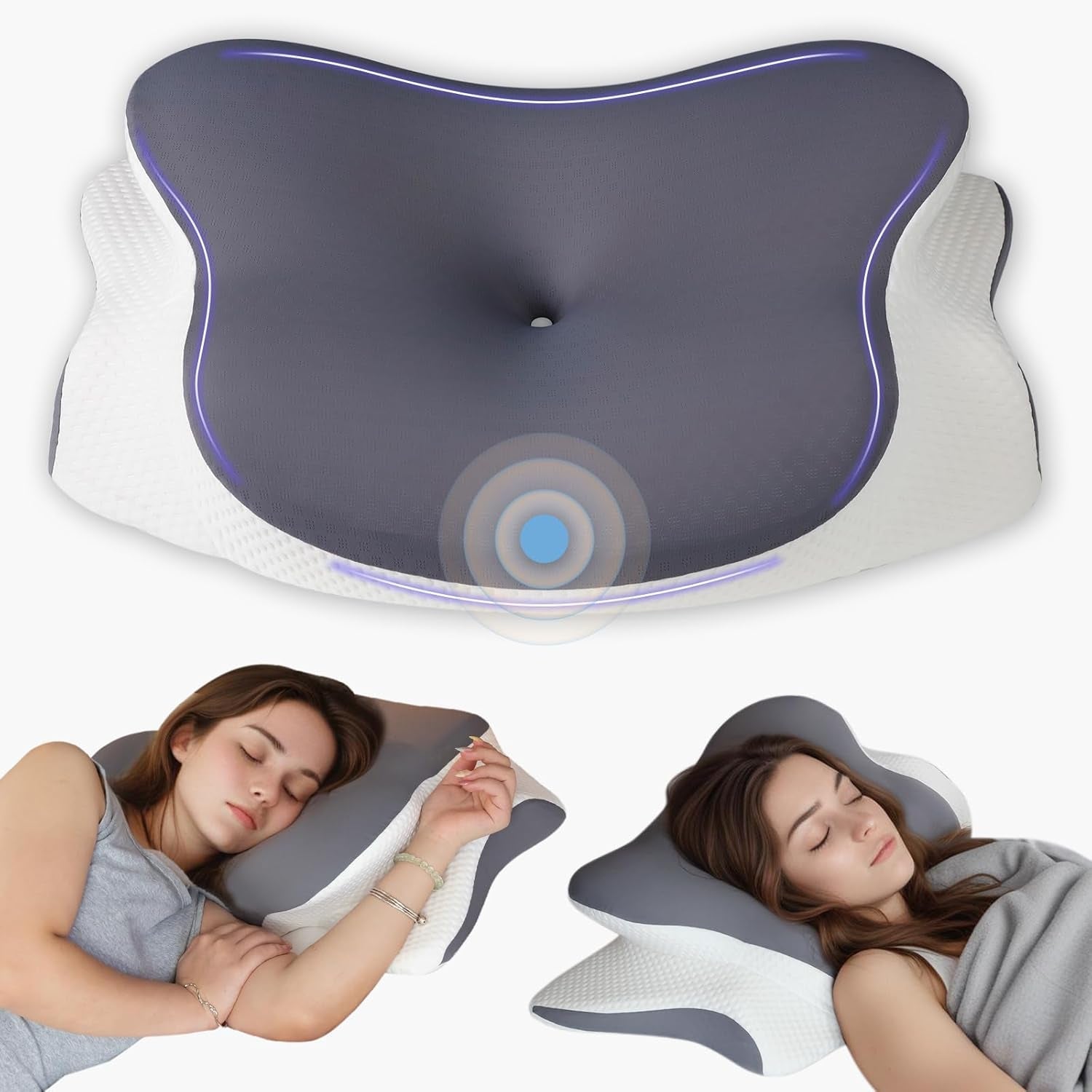 Pernă pentru gât Pernă ortopedică pentru cap Pernă din spumă de memorie Pernă pentru impact lateral - Design ergonomic Cu formă goală Pentru impact lateral, dorsal și abdominal Gri deschis Perne ortopedice cervicale Naty Shop Gri închis 66X40X14Cm