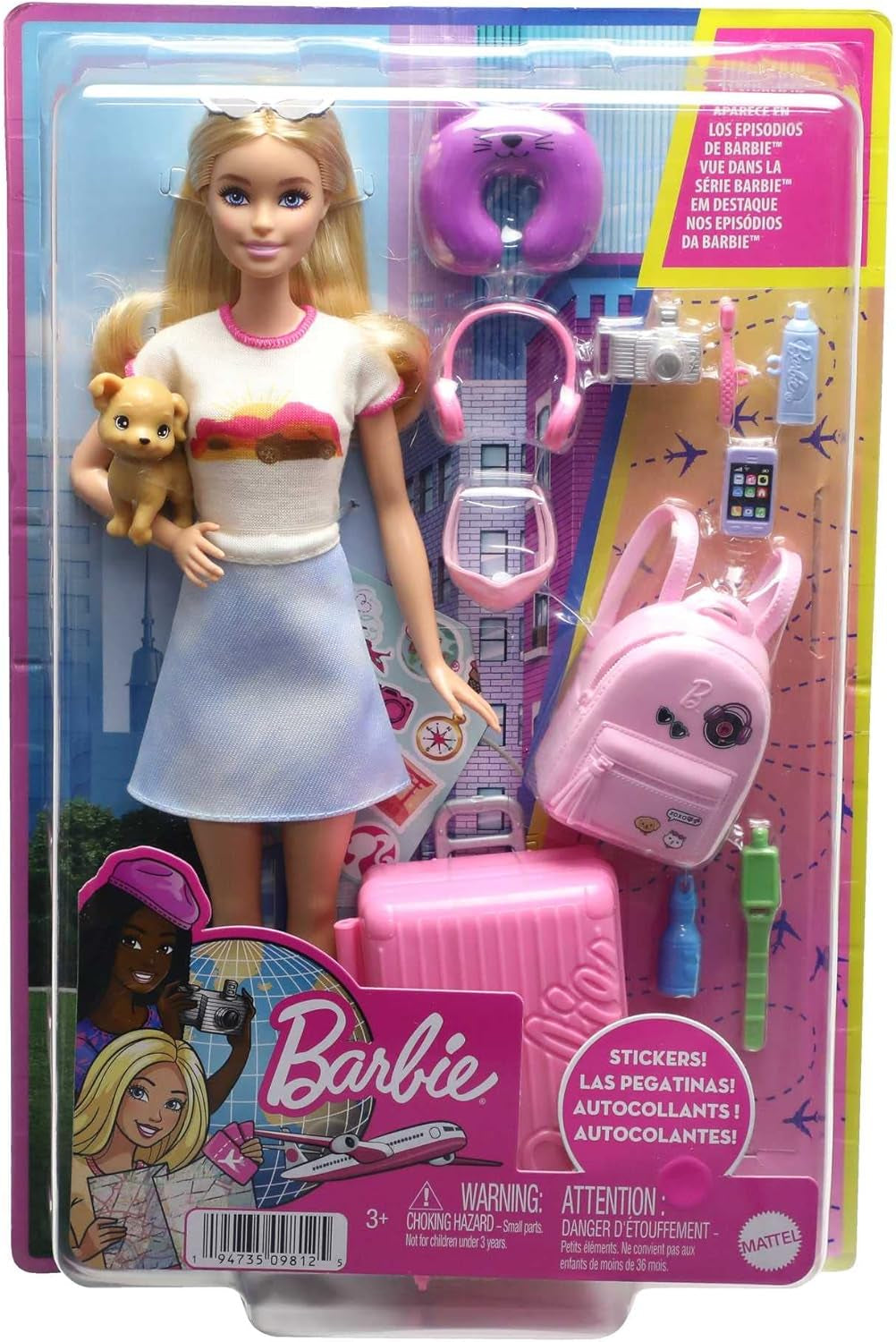 Barbie-Puppe, Reise-Barbie mit blonden Haaren, 10+ Reisezubehör, Aufkleber, Koffer, Welpe, inkl. 1 Puppe, Geschenk für Kinder, Spielzeug ab 3 Jahre,HJY18