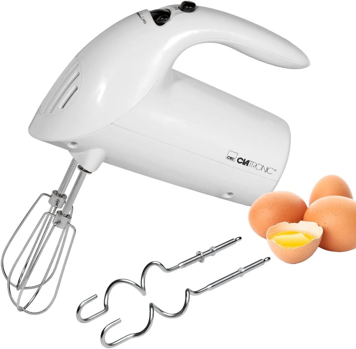 Clatronic Mixer | Kraftvoller 400 Watt-Motor | Handmixer | Turbostufe & 5 Geschwindigkeitsstufen | Handrührgerät | Spülmaschinengeeignete Edelstahlquirle Und -Knethaken | HM 3775 Bucatarie Naty Shop Weiß 250 Watt