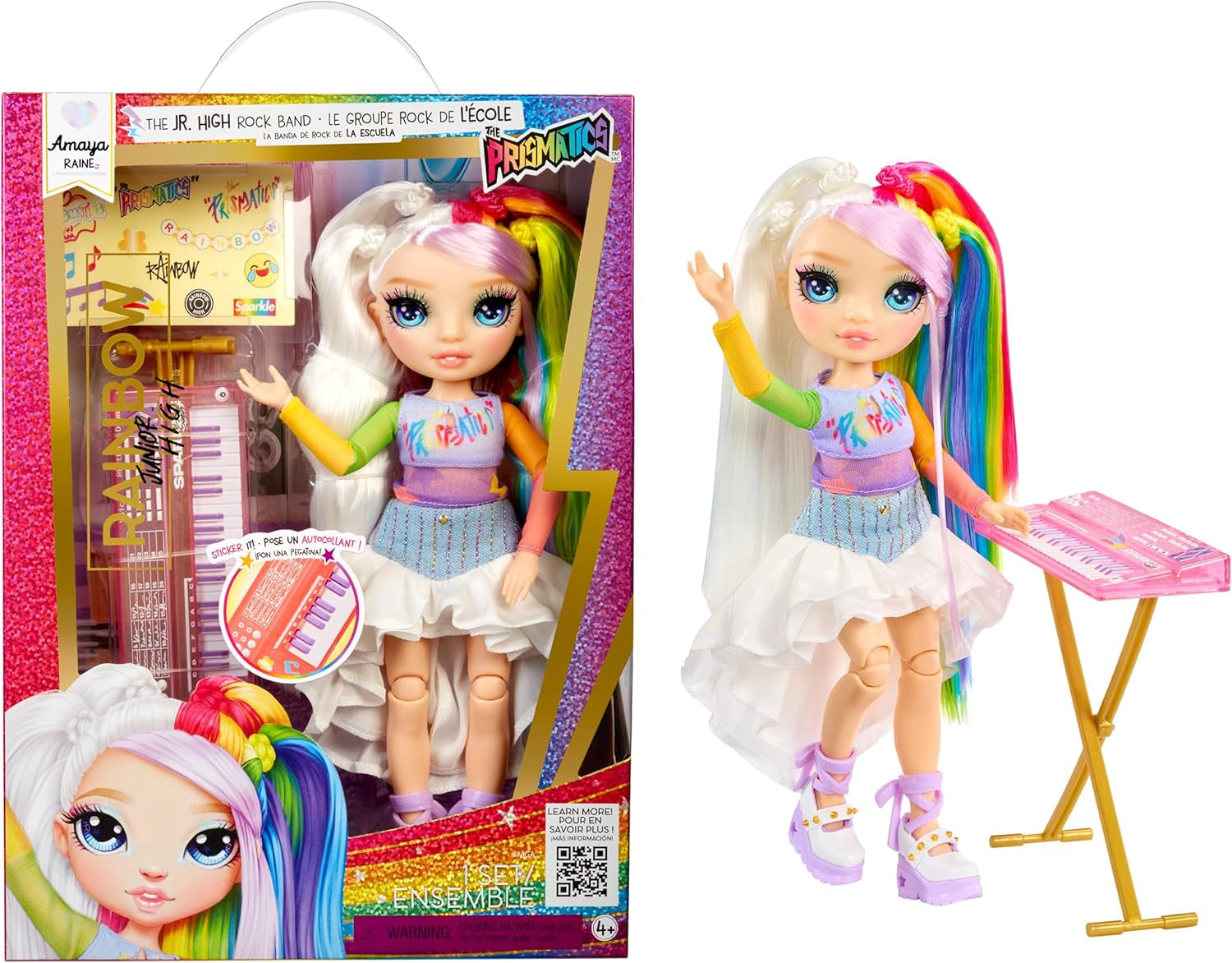 Trupa rock Rainbow High Junior High - Amaya, culorile curcubeului - păpușă la modă de 23 cm cu tastatură, personalizabilă cu autocolante, articulabilă, jucărie drăguță pentru copii cu vârsta de 4 ani și peste