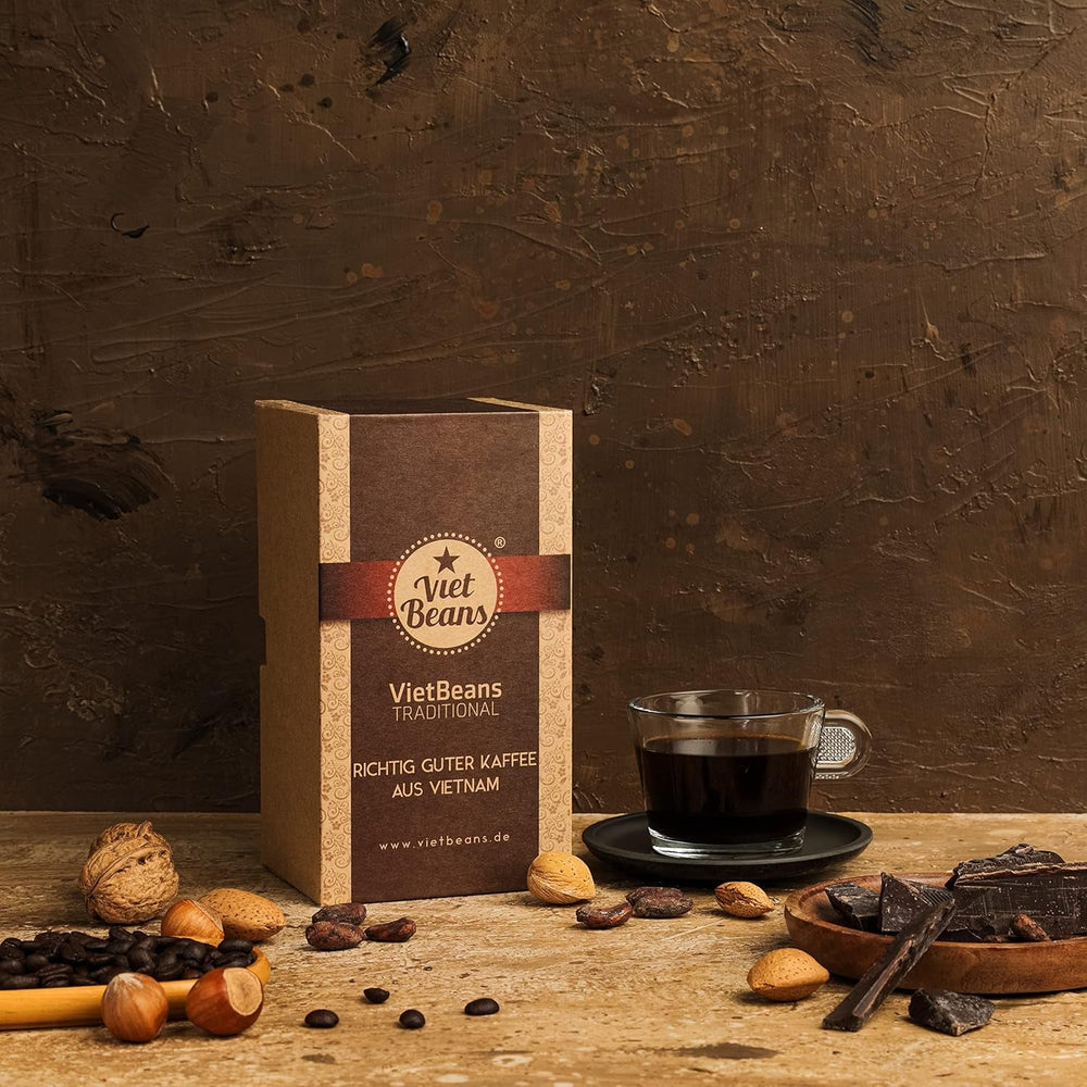 VietBeans Traditional - Schönes Kaffeegeschenk in fester Verpackung - Gemahlener Röstkaffee - 250g Kaffee und Kaffeefilter - Geschenkidee für Kaffeeliebhaber
