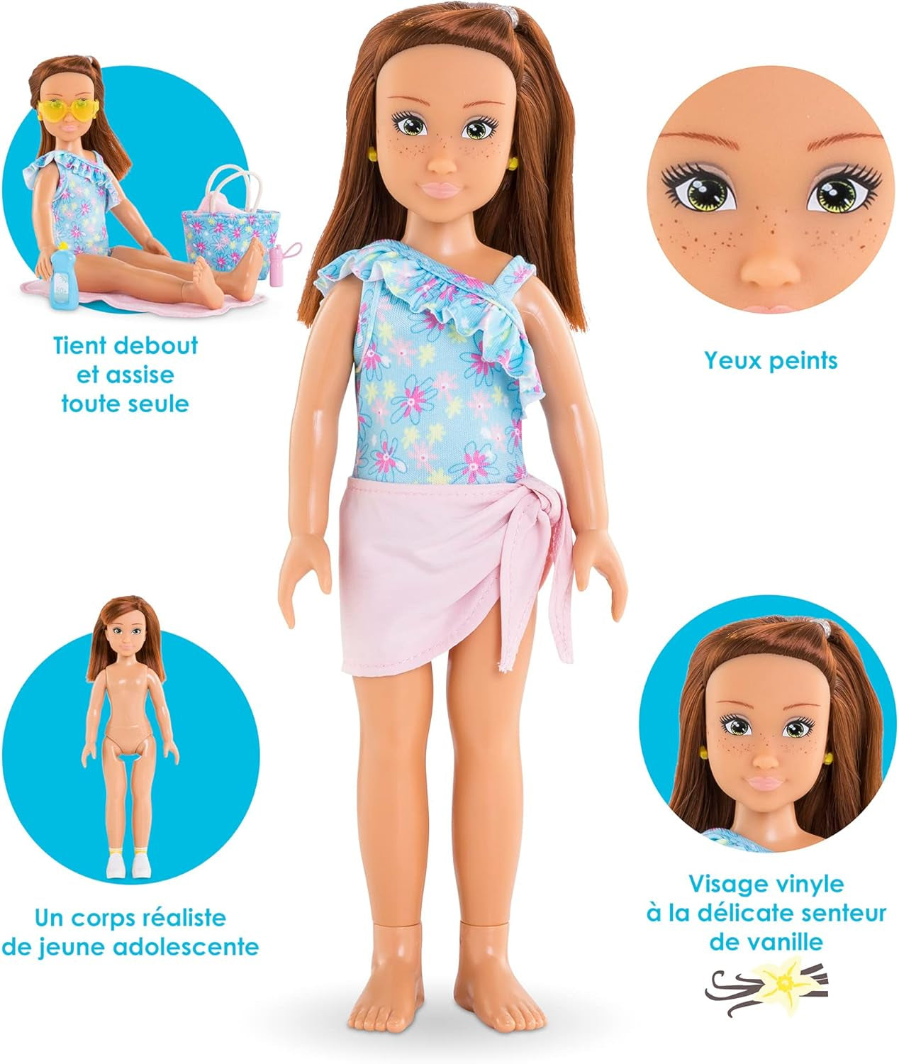 Corolle Girls Zoe Beach Set, Ankleidepuppe im süßen Beach Outfit und 5 Teile, Vanilleduft, 28cm, ab 4 Jahre
