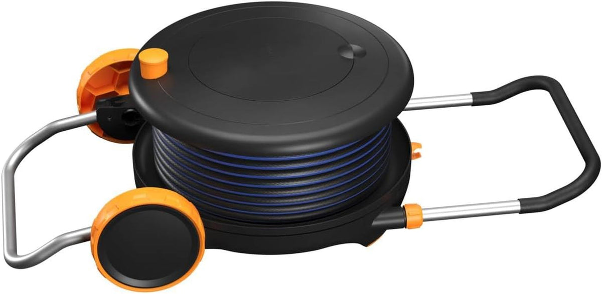 Roată de apă Fiskars Comfort L cu roți, set de udare all-inclusive, rază totală de acțiune de 31,5 m, înfășurare automată, furtun de grădină universal (Ø 13 mm), racord universal pentru robinet, 1071670