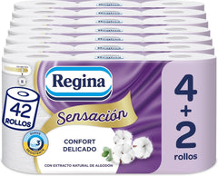 Regina Feeling - 42 role hârtie igienică, 175 foi cu trei straturi, extract natural de bumbac și parfum delicat, 60% ambalaj din plastic reciclat, 100% hârtie certificată Fsc