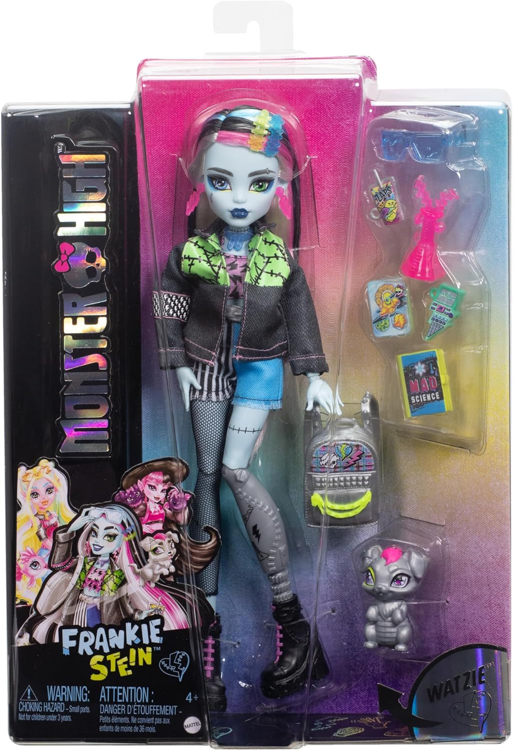 Monster High Frankie Stein-Puppe in Jeansjacke und Shorts, zum Lieferumfang gehören auch Ihr Hund Watzie und Zubehörteile wie EIN Rucksack, EIN Snack und EIN Notizbuch, HXH73