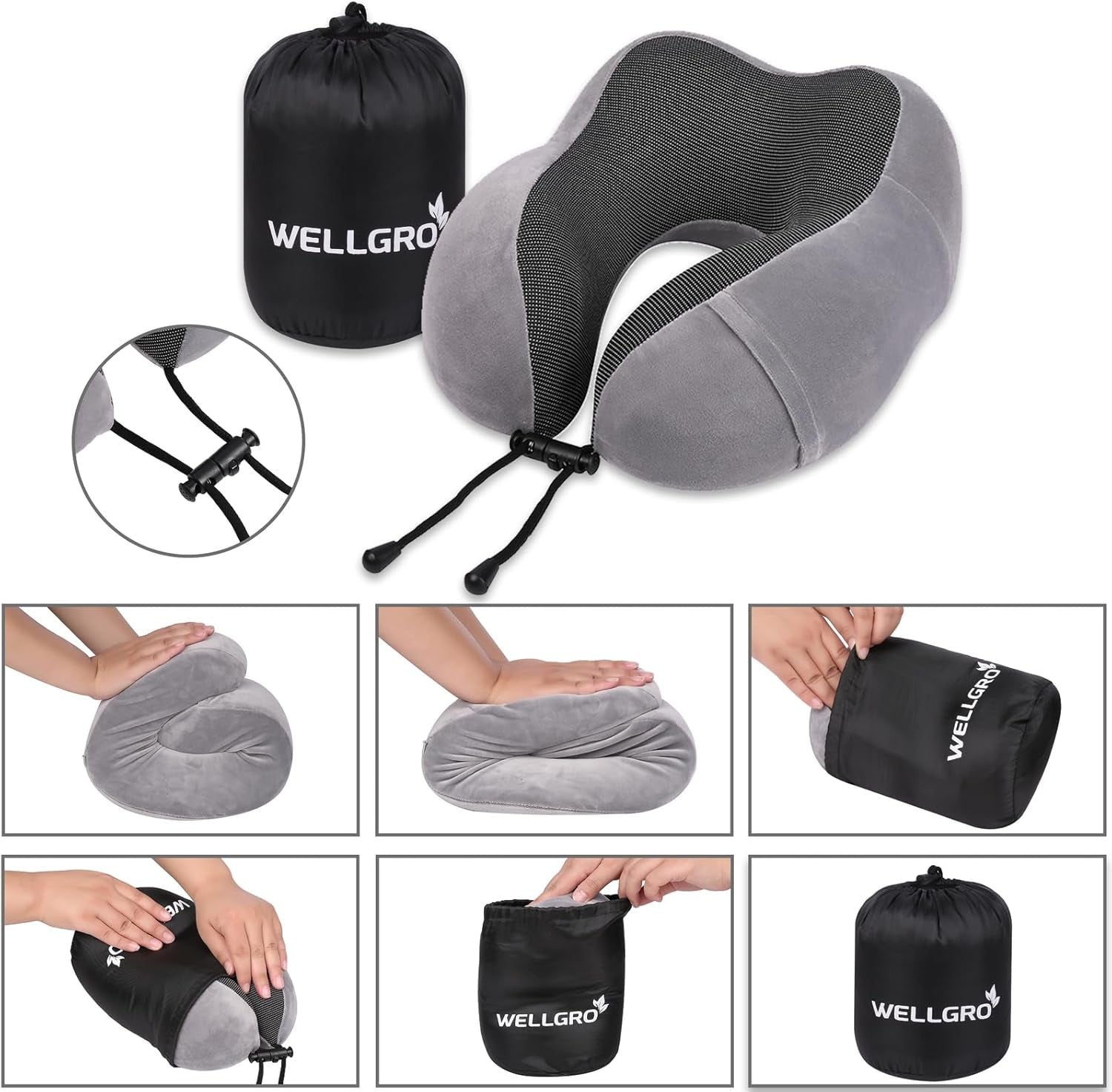 Set de perne pentru gât WELLGRO cu mască de somn 3D și dopuri pentru urechi - Husă detașabilă - Spumă cu memorie - Închidere cu fermoar - Inclusiv geantă de depozitare - Pernă de călătorie - Culoare selectabilă, Culoare:Gri Perne ortopedice cervicale Naty Shop