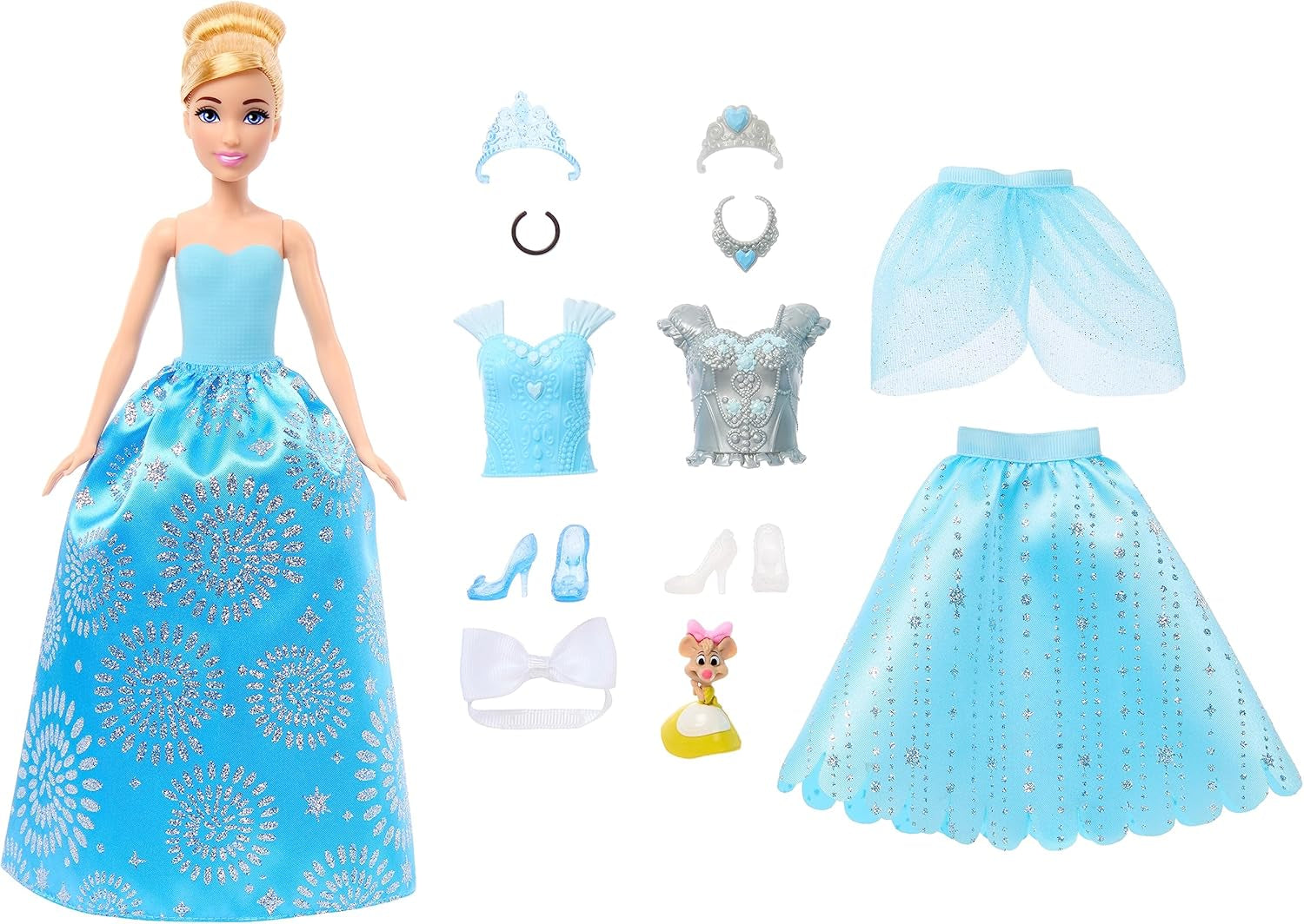 Disney Prinzessin-Spielzeug, Cinderella-Modepuppe mit Freundefigur und 12 geheimen Mode- und Zubehörteilen, inspiriert vom Disney-Film, Geschenke für Kinder