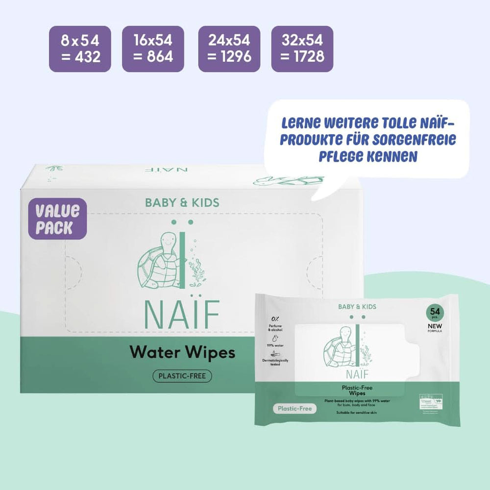 Naïf Plastikfreie Feuchttücher 432 Stück (8Er X 54 Feuchttuch) - Pflege Für Babypo, Körper Und Gesicht - 99% Aus Wasser - 0% Parfüm Und Alkohol - Nachhaltige Feuchttücherbox Eukalyptus Sensitiv Naty Shop