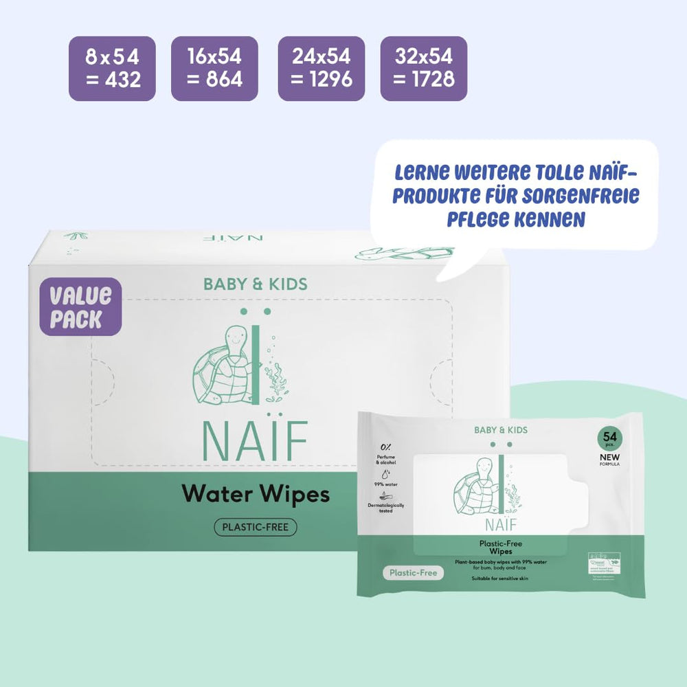 Naïf - Șervețele umede fără plastic - 1296 bucăți (24 bucăți X 54 șervețele umede) - Îngrijire pentru fundul, corpul și fața bebelușului - 99% apă - 0% parfum și alcool