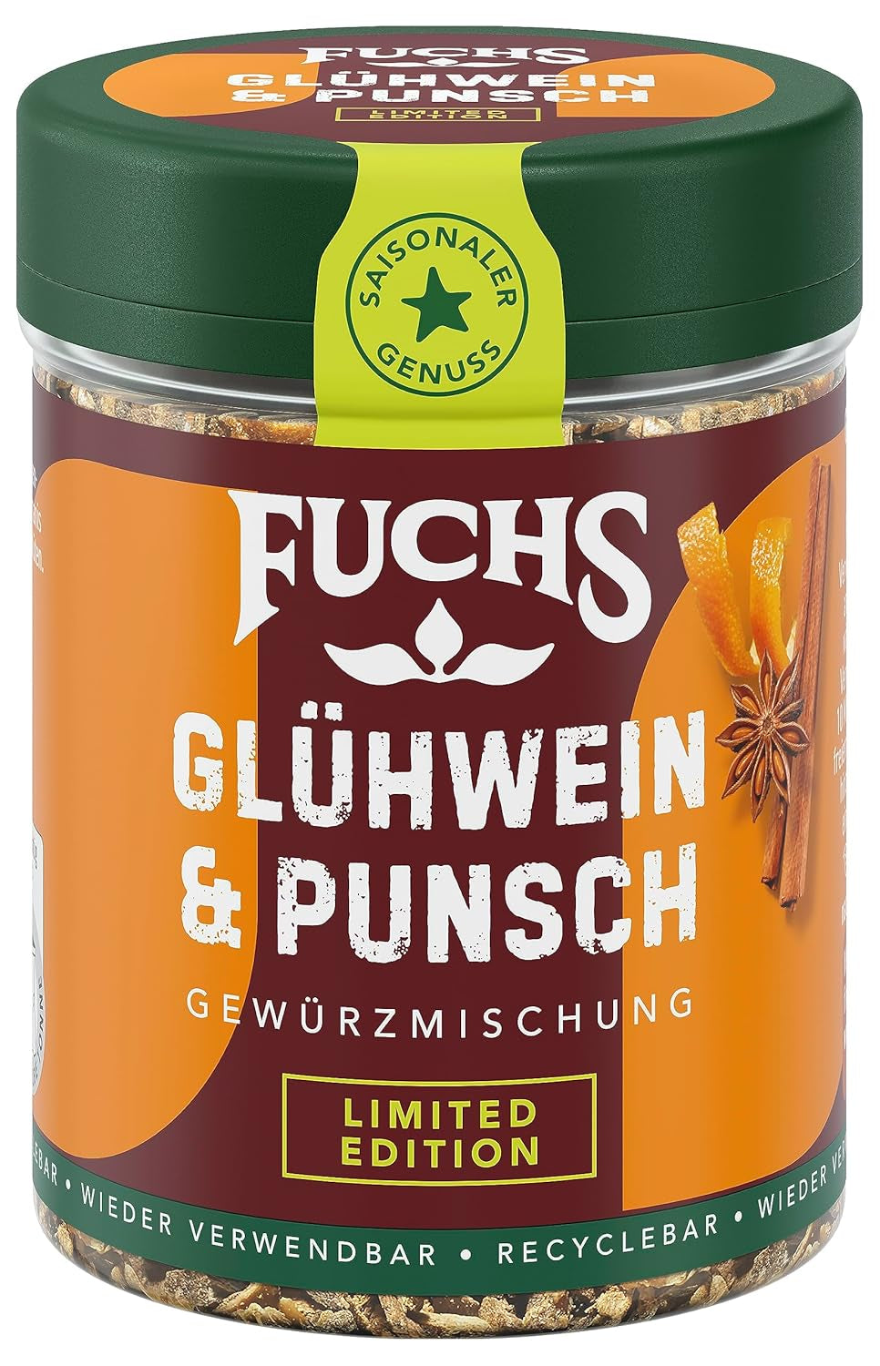 Fuchs Gewürze - Glühwein & Punsch Gewürz - weihnachtliche Gewürzmischung für Wein und Punsch - aus natürlichen Zutaten - 40 g in wiederverwendbarer, recyclebarer Dose