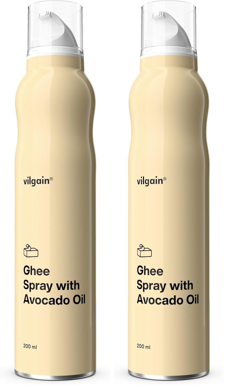 Vilgain Ghee Spray mit Avocadoöl | Laktosefrei, zum Kochen & Backen | Rauchpunkt 195°C, herzgesund, BRC-zertifiziert | Ideal für laktoseempfindliche Menschen | Geschmacks-Harmonie, 200ml