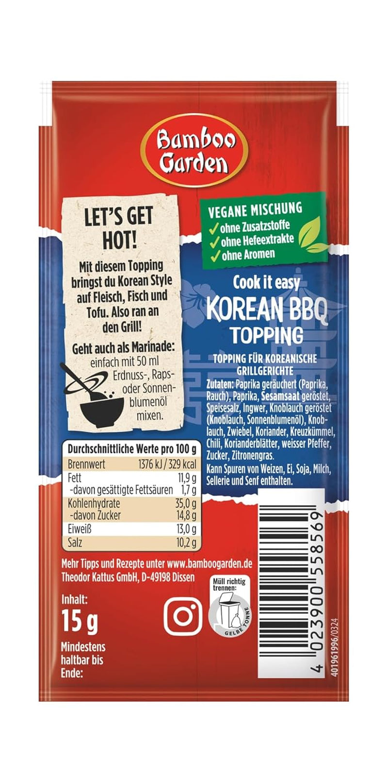 Bamboo Garden - Korean BBQ Topping | Gewürztopping zum Verfeinern von koreanischen Grillgerichten | Vegan, natürliche Zutaten | 15 g im Beutel