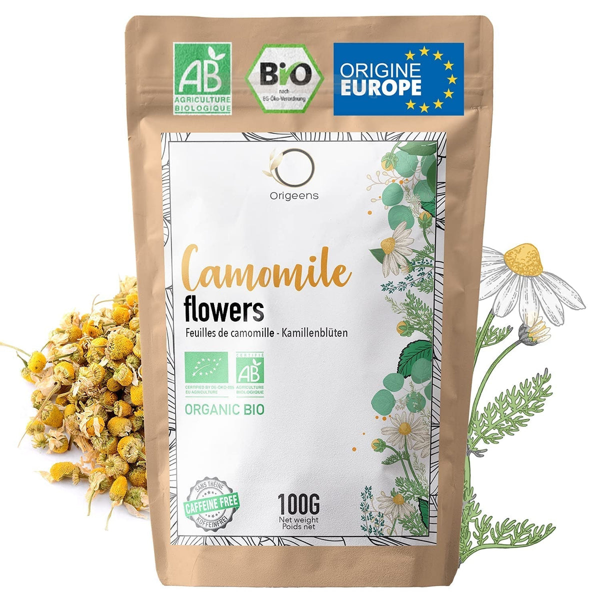 ORIGEENS Ceai organic din flori de mușețel din Europa, 100 g | Frunze de ceai vrac, ceai organic pentru somn și digestie | Mușețel german | Certificat și ambalat în Germania