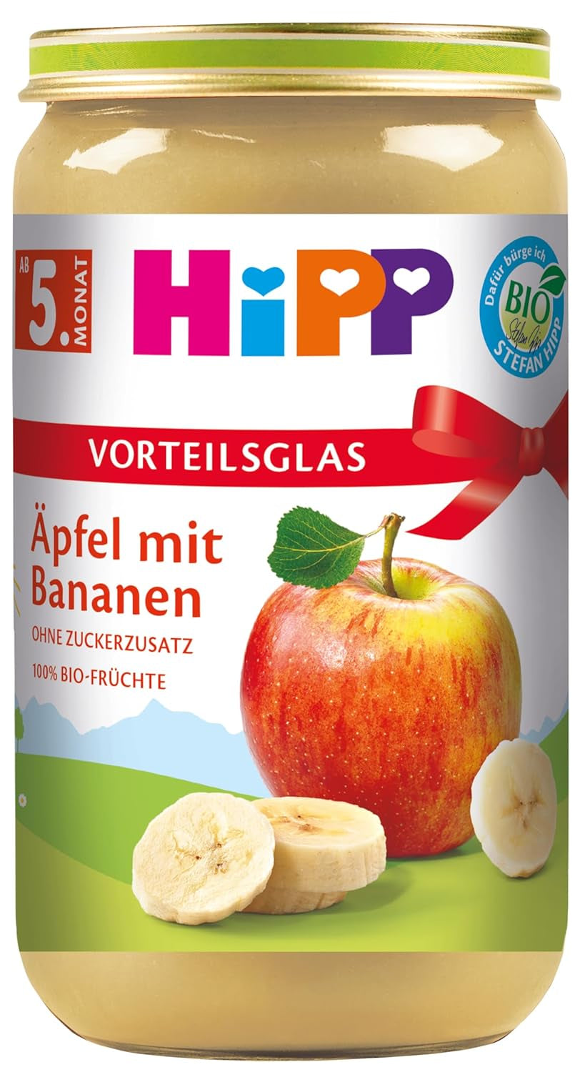 Mere cu banane și fructe organice HiPP (6 x 250 g), de la 5 luni, fără zahăr adăugat, 100% fructe, de cea mai bună calitate organică