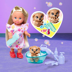 Simba Evi Love Dog Bath, Spielpuppe mit Hund, der Schmutz an seinen Pfoten hat, inkl. Badewanne und Handtuch, 8 Teile, Zubehör, 12cm, ab 3 Jahren