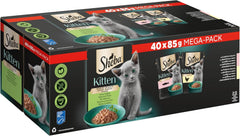 Hrană umedă Sheba pentru pisoi, în pliculețe variate, cu somon (MSC) și pui în sos, pachet multiplu 40x85g